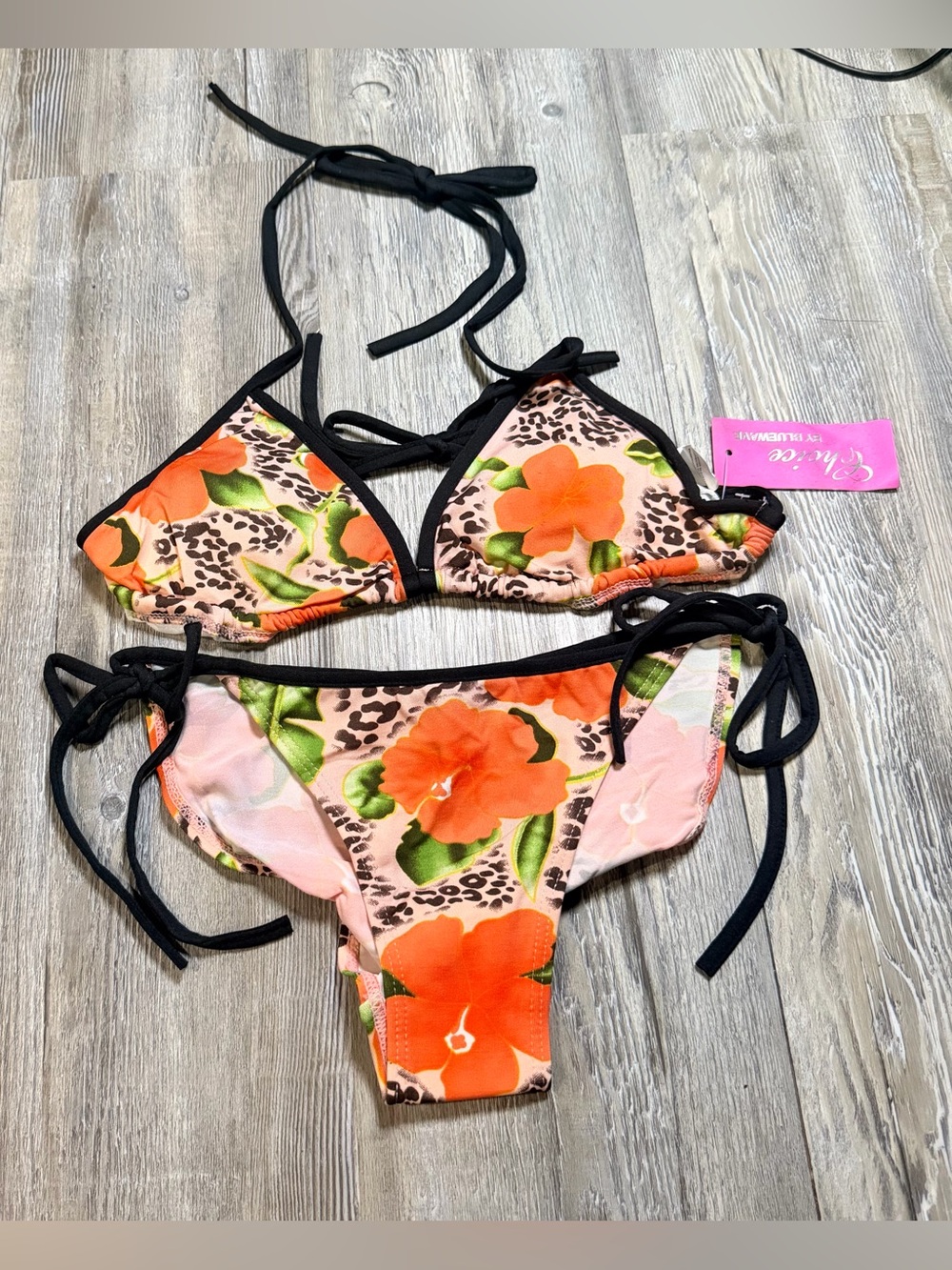 Choies Orange Floral & Leopard Print Triangle Bikini with Black Trim